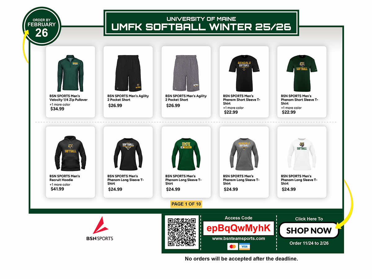 UMFK Softball Winter 2025-2026 Sale. Order by February 26. Click here to shop now!