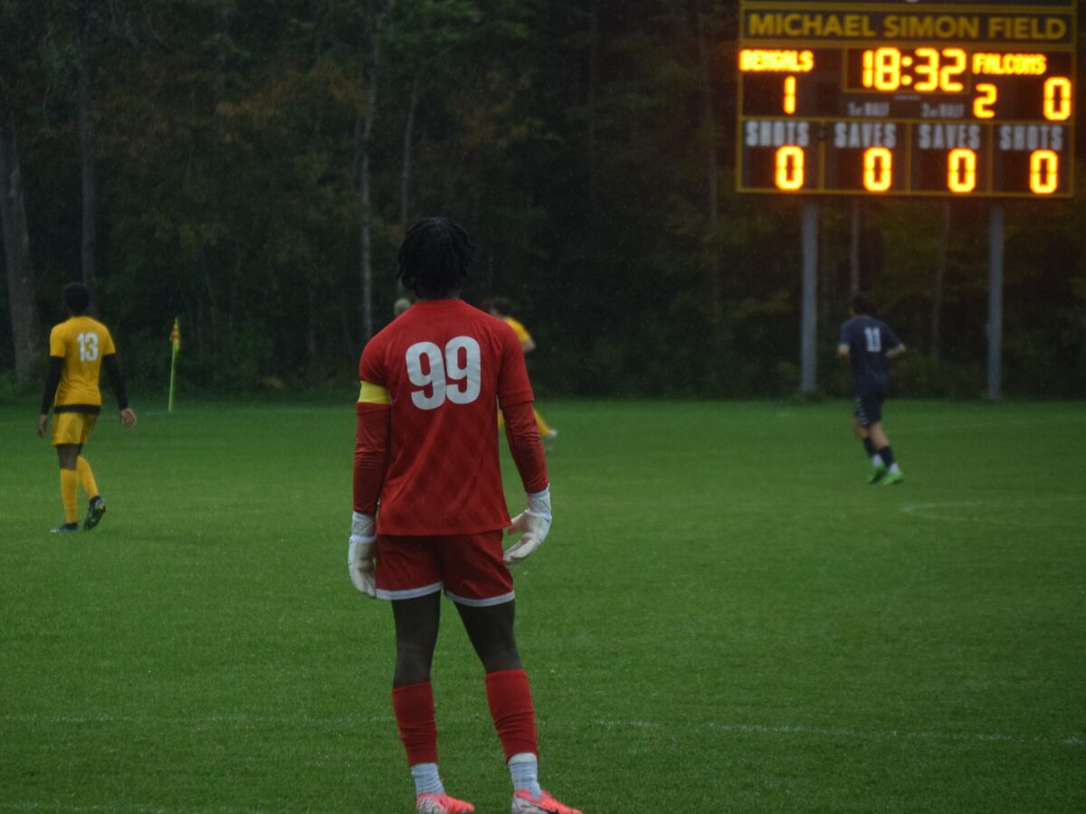 a men's soccer goalie watches his fellow players from the opposite end of the field