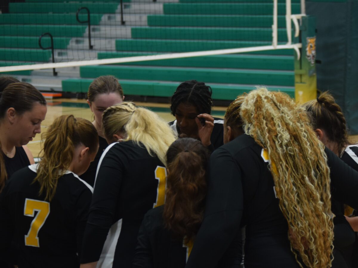 the women's volleyball team huddle at the side of the court