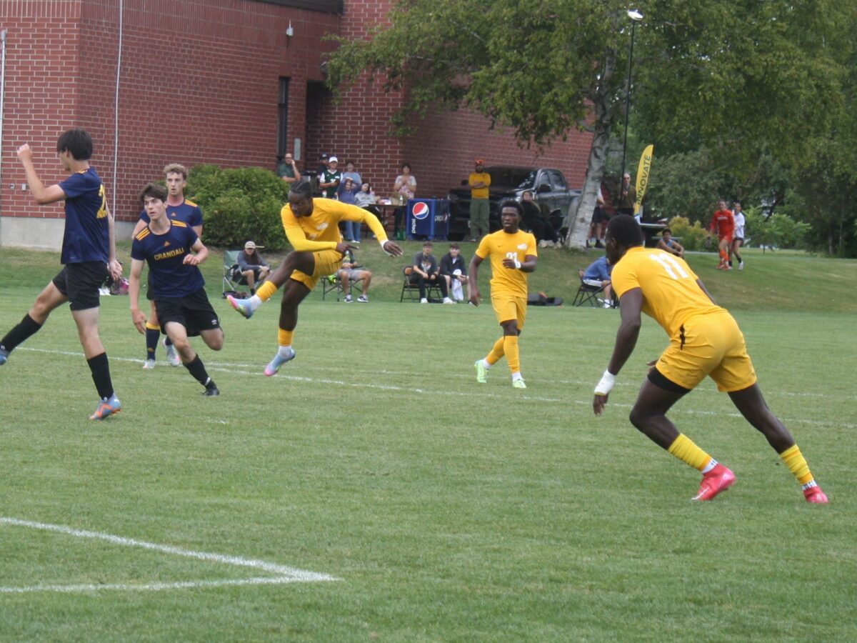 a men's soccer player. takes a shot at the goal