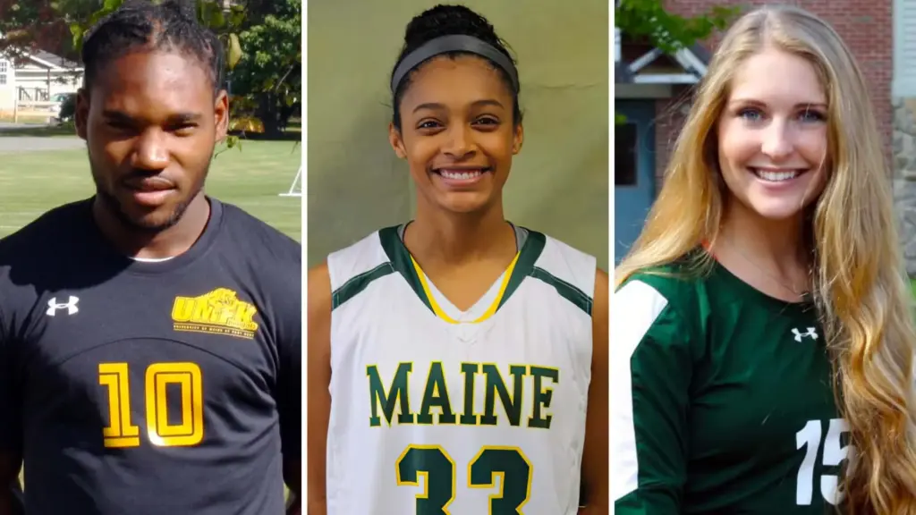 photos of UMFK's Athletic Hall of Fame 2023 inductees; from left to right: Odean Irons, Samantha Carapelluci, and Brianna Krystek